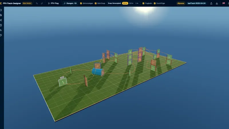 3D-Ansicht des FPV Track Designers mit einer FPV-Rennstrecke aus Gates und markiertem Flugpfad